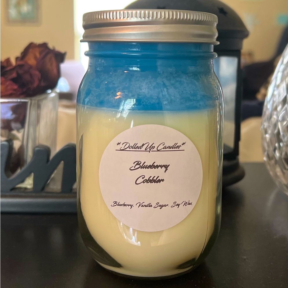 DolledUp Candles- Blueberry Cobbler Scented 16oz Mason Jar Soy Wax Candle